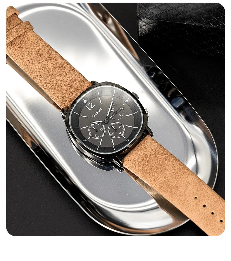 Men's Quartz Watch with Genuine Leather Strap and Pin Buckle, Featuring Tempered Glass Mirror, Ideal for Watch Jewelry Sets