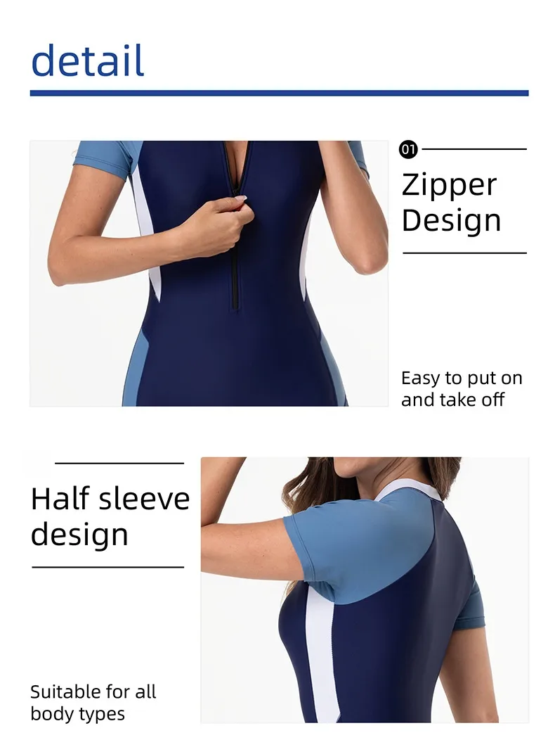 Women's Nylon Polyester One-Piece Swimsuit with Zipper for Swimming