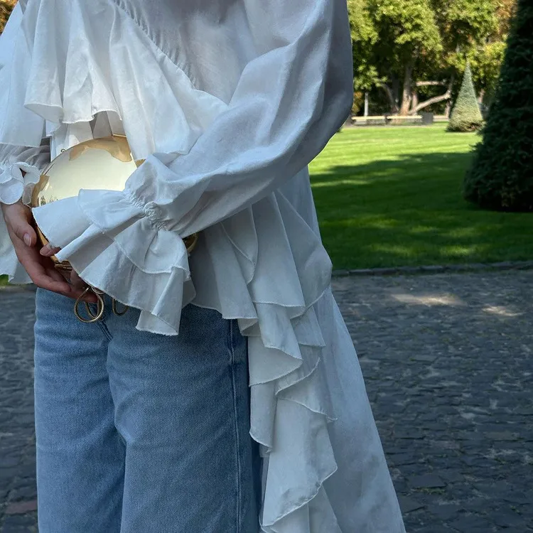 Solid Color Long Sleeve Vacation Shirt for Women in Polyester Fabric Featuring Ruffles and Pullover Design