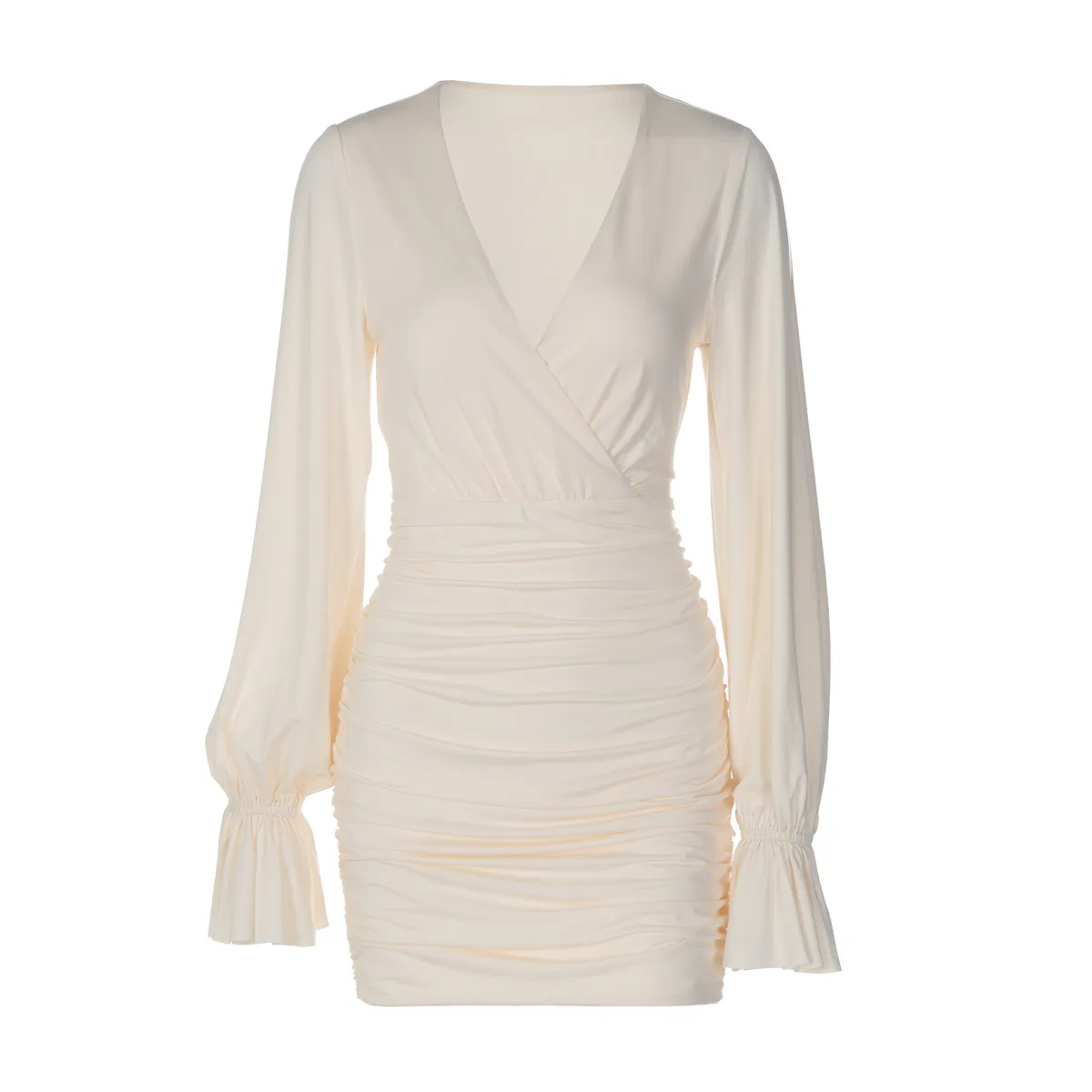 Solid Color V Neck Long Sleeve Bodycon Dress with Elastane Fabric in Above Knee Length for Elegant Mature Style