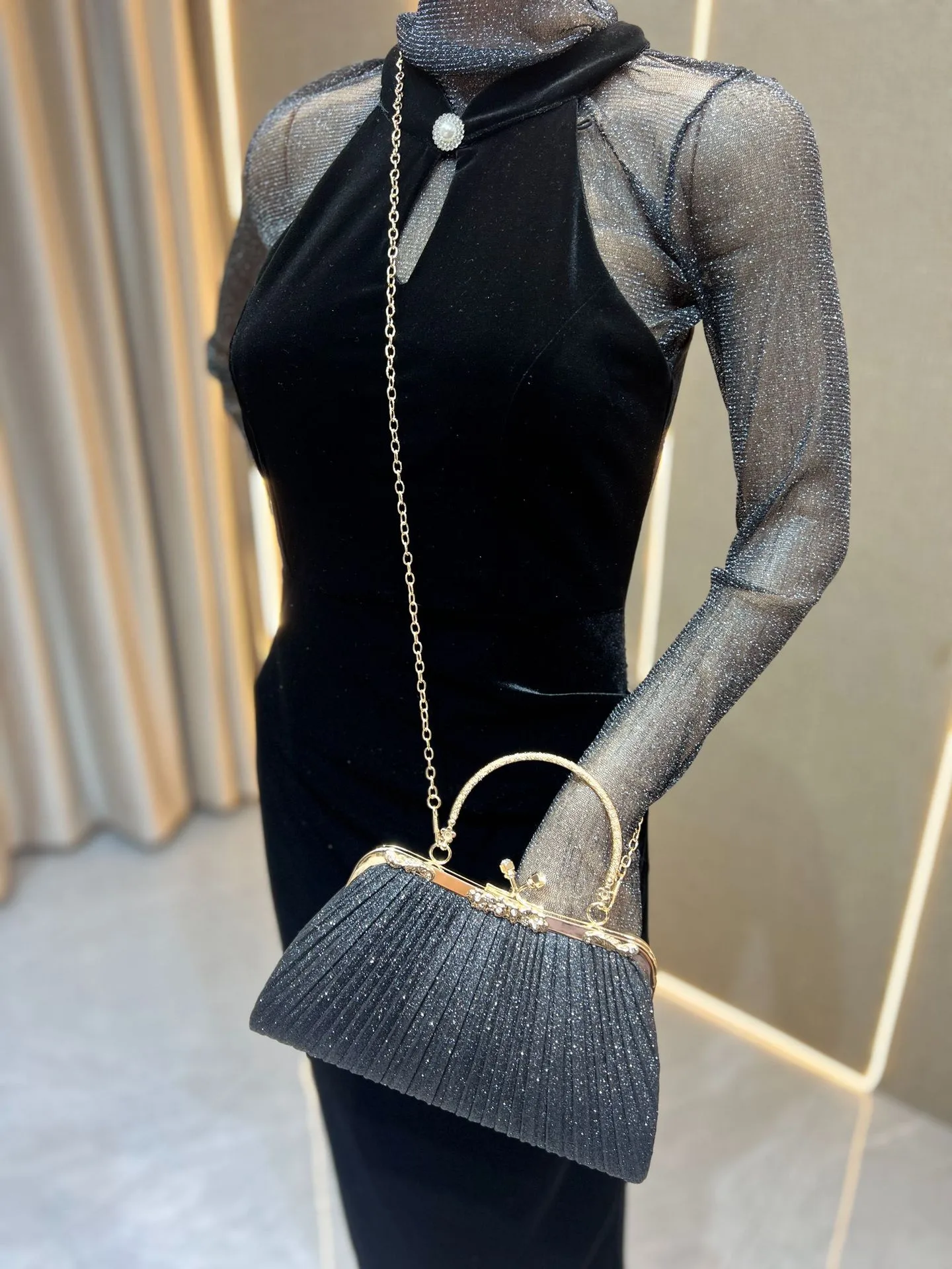 Square Ruched Polyester Evening Bag with Chain for Women
