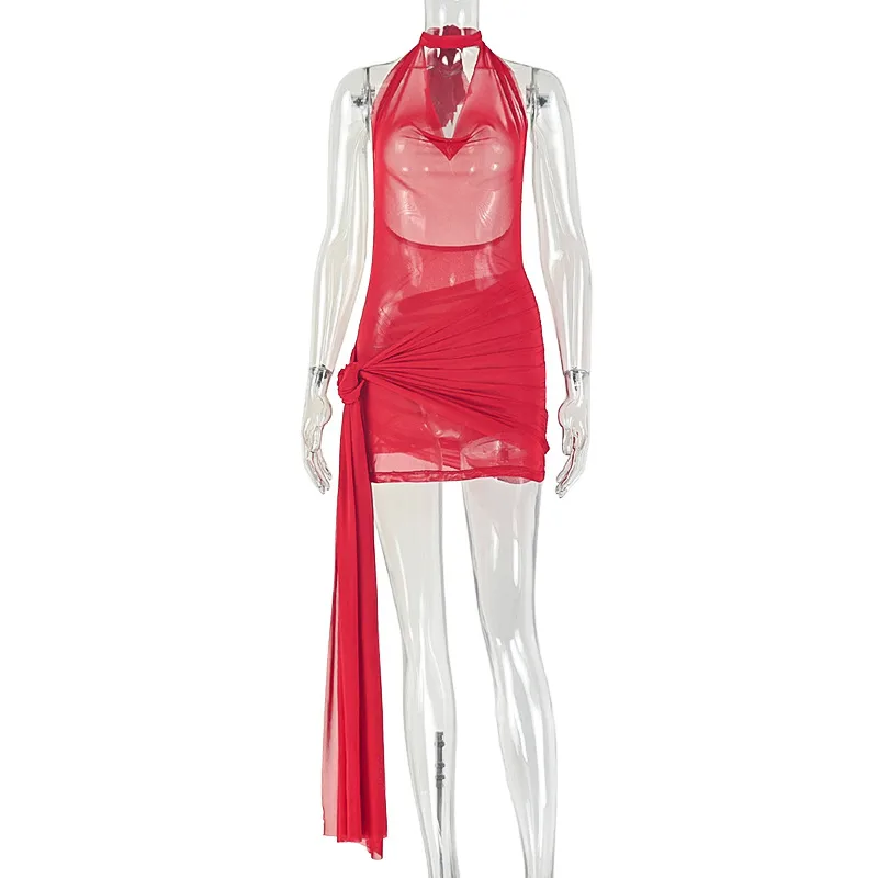 Solid Color Sleeveless Halter Neck Bodycon Dress in Polyester for Casual Streetwear