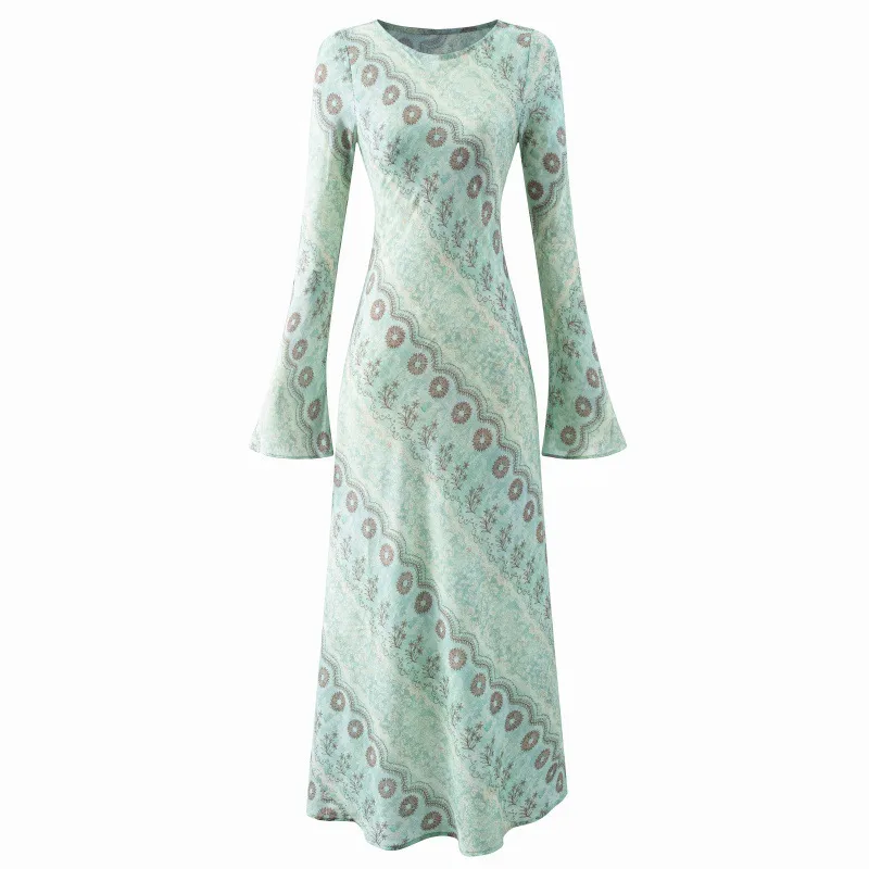 Printing Long Sleeve Round Neck Sheath Dress in Cotton Polyester Fabric for Vacation and Travel