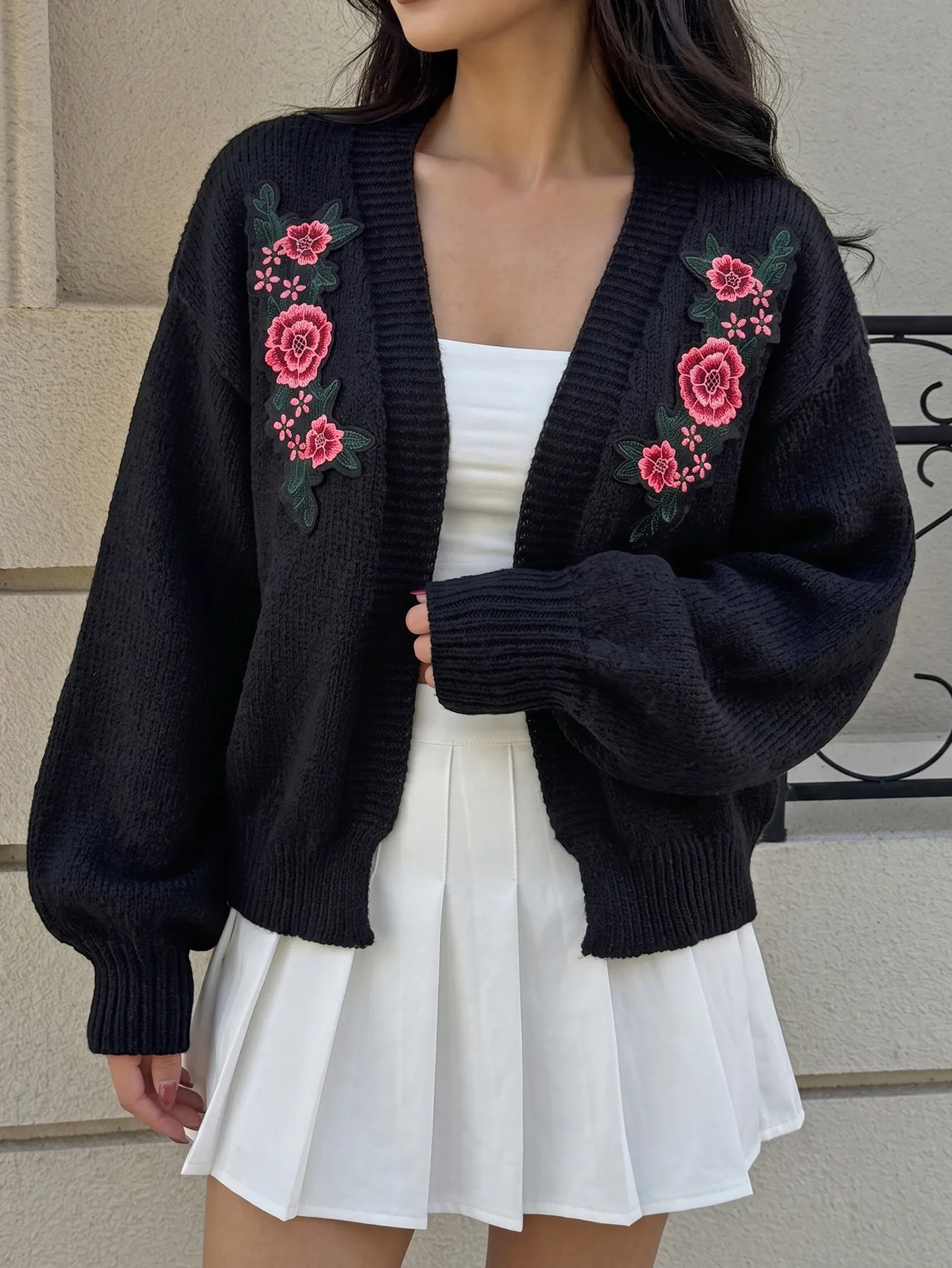 Vintage Style Rose Embroidery Sweater with Long Sleeve, Polyester Fabric, Featuring Placket Closure