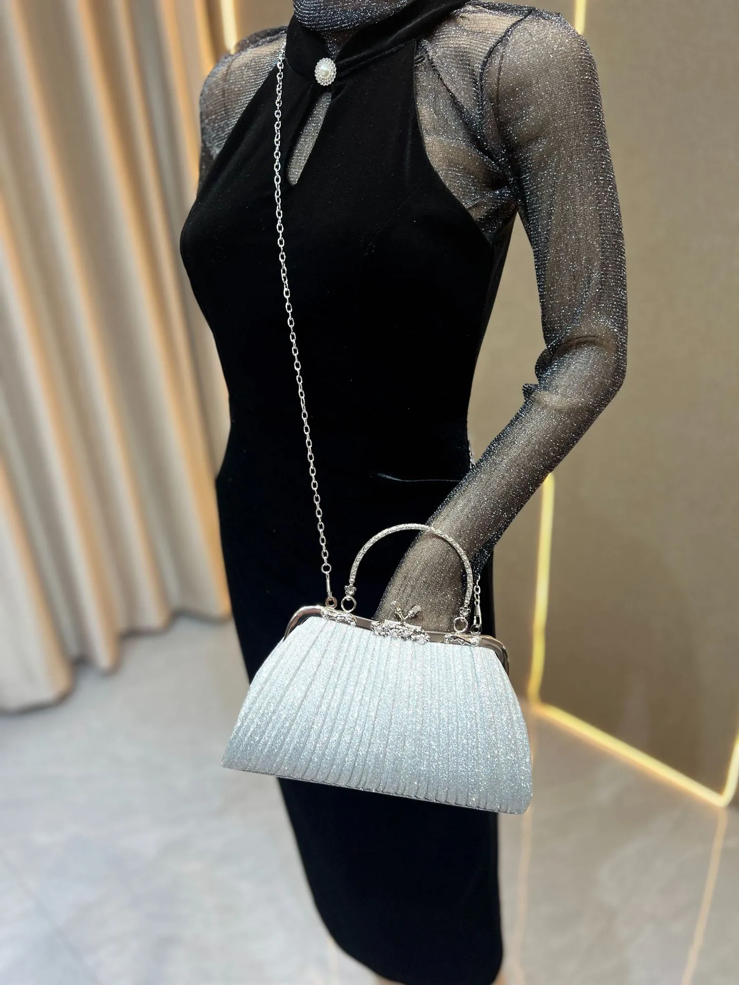 Square Ruched Polyester Evening Bag with Chain for Women
