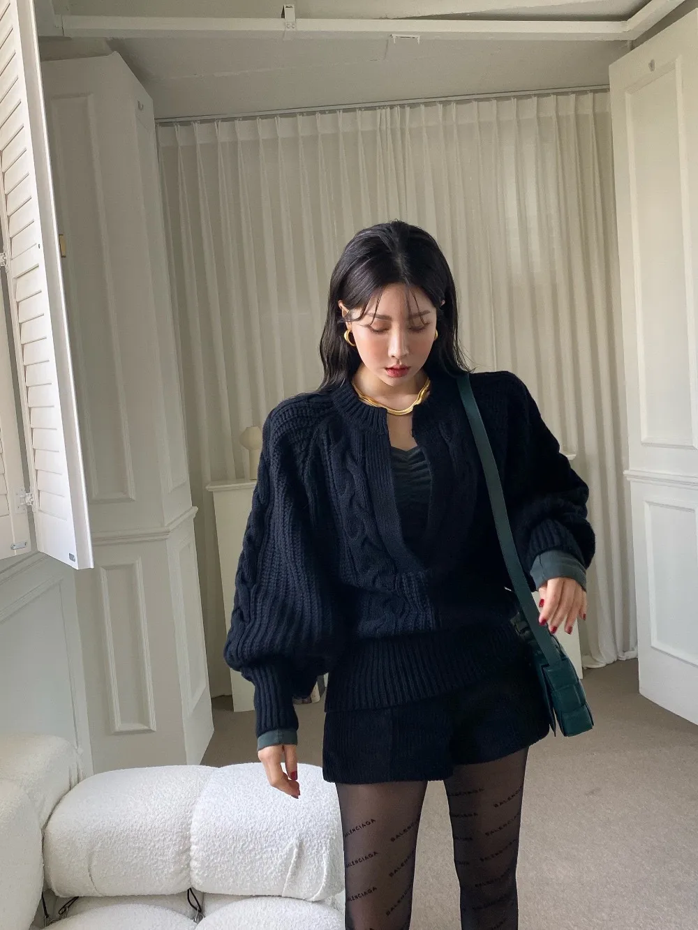 Loose Solid Color Long Sleeve Puff Sleeve Round Neck Pullover Sweater for Women