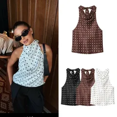 Y2K Halter Crisscross Tank Top in Polyester Fabric Featuring Printing Design