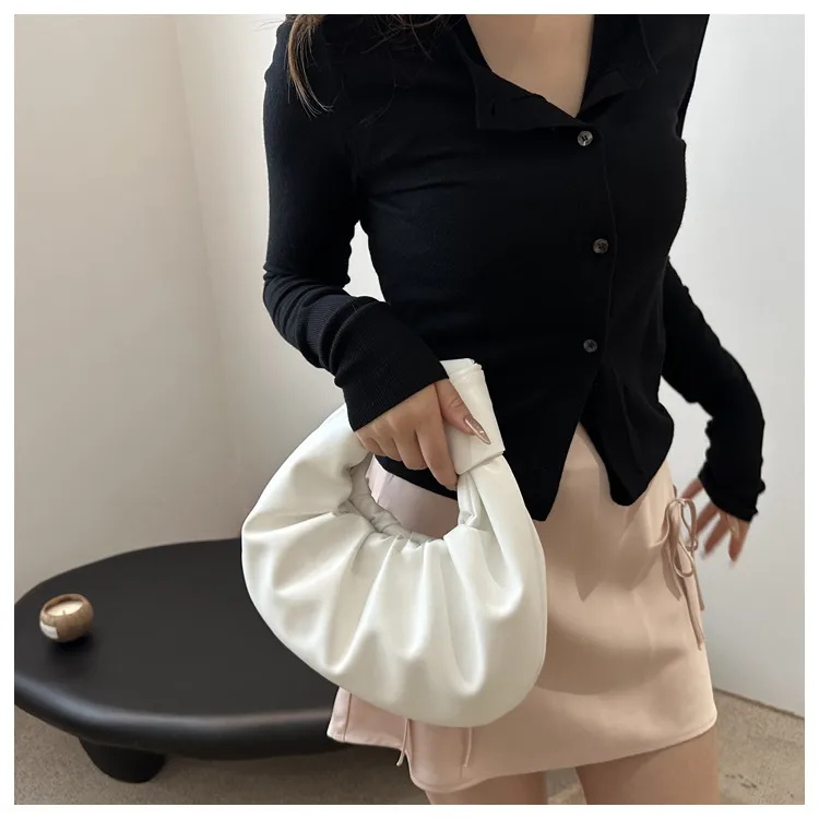 Medium Round PU Handbag with Zipper and Ruched Design for Women