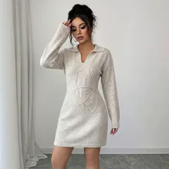 Casual Flowers Sheath Dress with Long Sleeve and Shirt Collar in Knit Fabric for Business