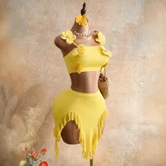 Elegant Solid Color Skirt Co-ord Set in Polyester Featuring Ruffles with Sleeveless Tube Bra, 2 Pieces Set