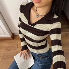 Vintage Style Stripe Sweater with Long Sleeves, Knitted Cotton Pullover