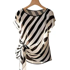 Women's Loose Short Sleeve Polyester Twill Round Neck Pullover Shirt