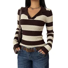 Vintage Style Stripe Sweater with Long Sleeves, Knitted Cotton Pullover