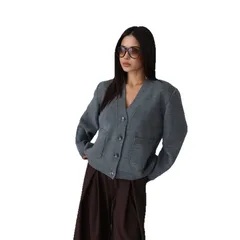 Solid Color Casual Long Sleeve Knit Sweater for Women Featuring Knitted Craft and Single Breasted Design