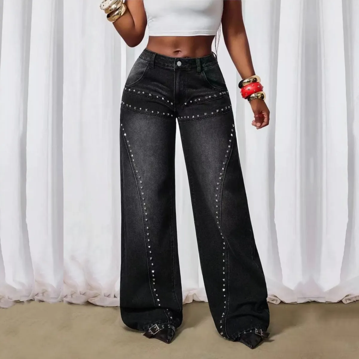 Retro Full Length Jeans for Women in Loose Fit with High Waist, Made of Denim Cotton, Inelastic