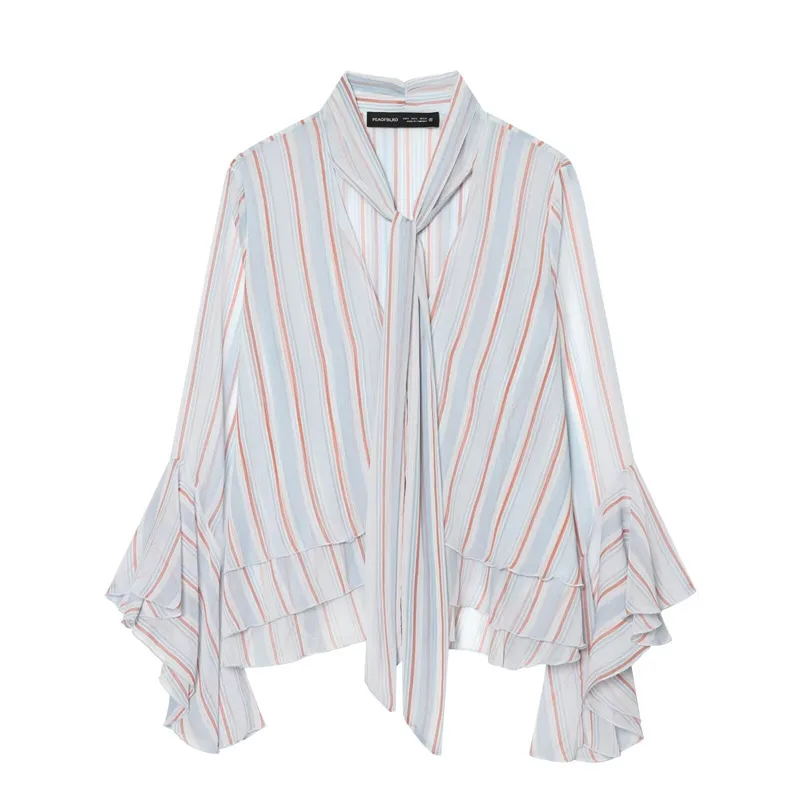 Stripe Blouse for Women in Polyester Fabric with Casual Style Featuring Ruffles and V Neck Pullovers