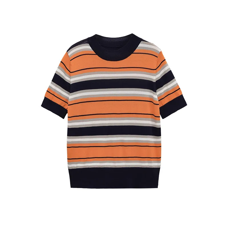British Style Stripe Pullover Knitwear for Women in Polyester Fabric Featuring Patchwork Design with Round Neck
