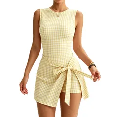 Plaid Nylon Women’s Yoga Top with Tie Closure, Backless Design, Short Length for Comfortable Workout