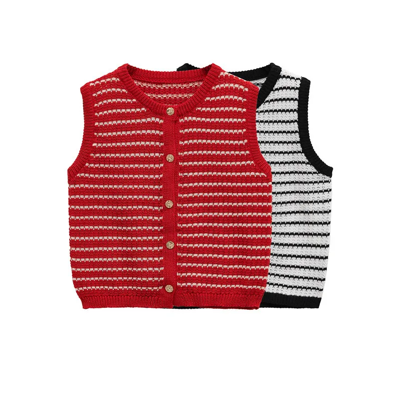 Women's Sleeveless Vest with Round Neck and Single Breasted Closure, Polyester Fabric Featuring Jacquard Stripe Pattern in Simple Style