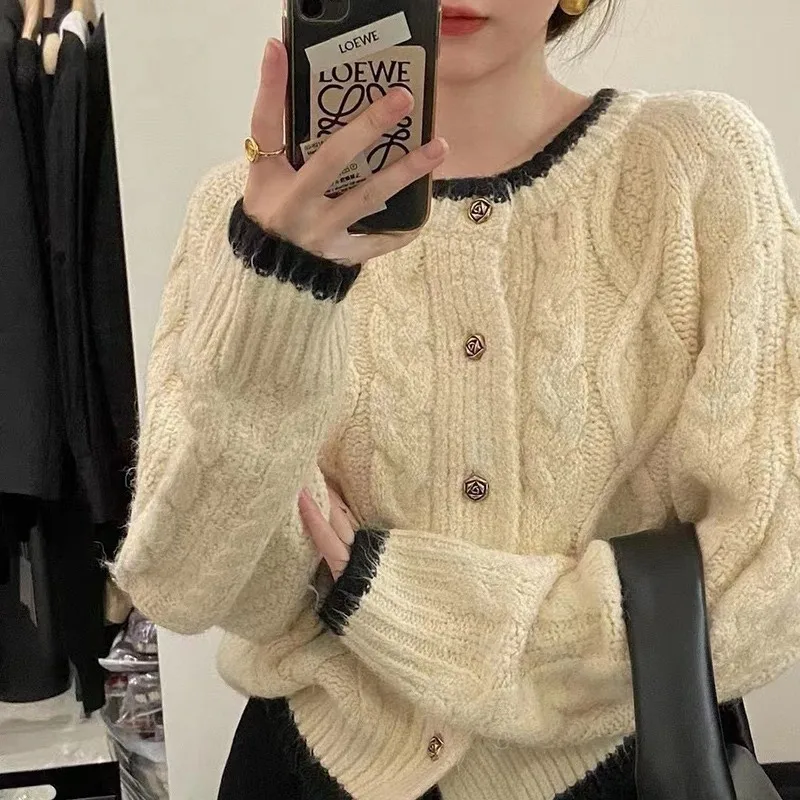 Contrast Binding Long Sleeve Lazy Style Women's Sweater