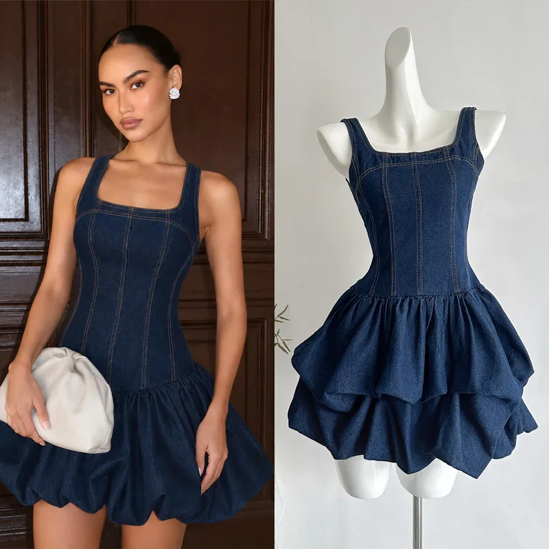 Solid Color Denim Dress Sleeveless Collarless Casual Above Knee Length