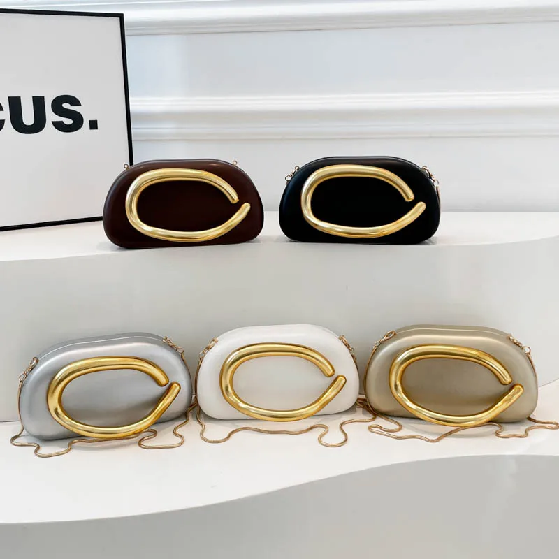 Women Solid Color Oval Evening Bag in PU Leather Featuring Chain Strap