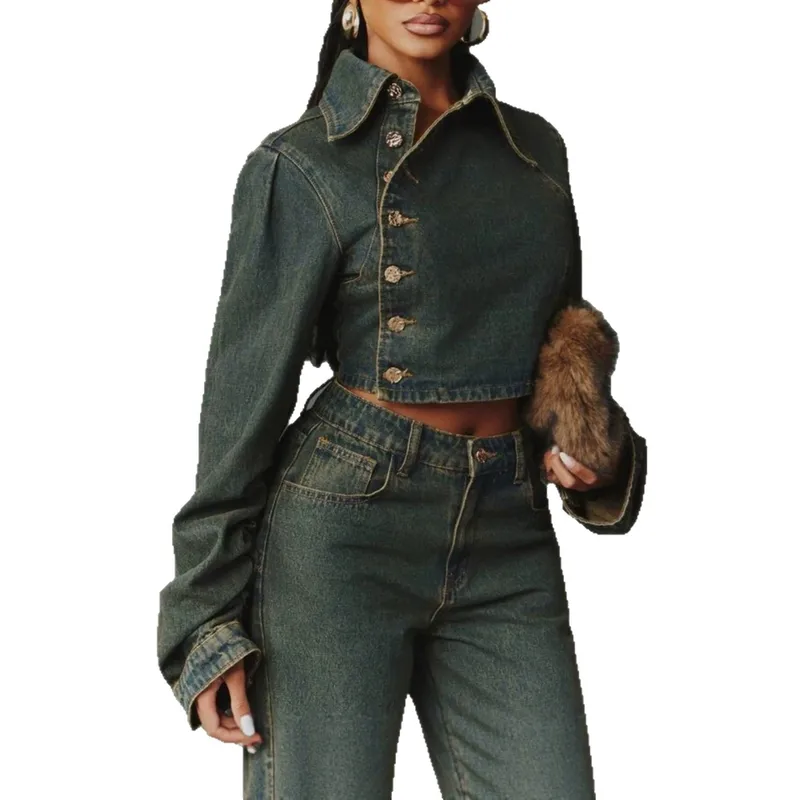 Women's Denim Coat Single Breasted Denim Jacket with Lapel Collar and Long Regular Sleeves