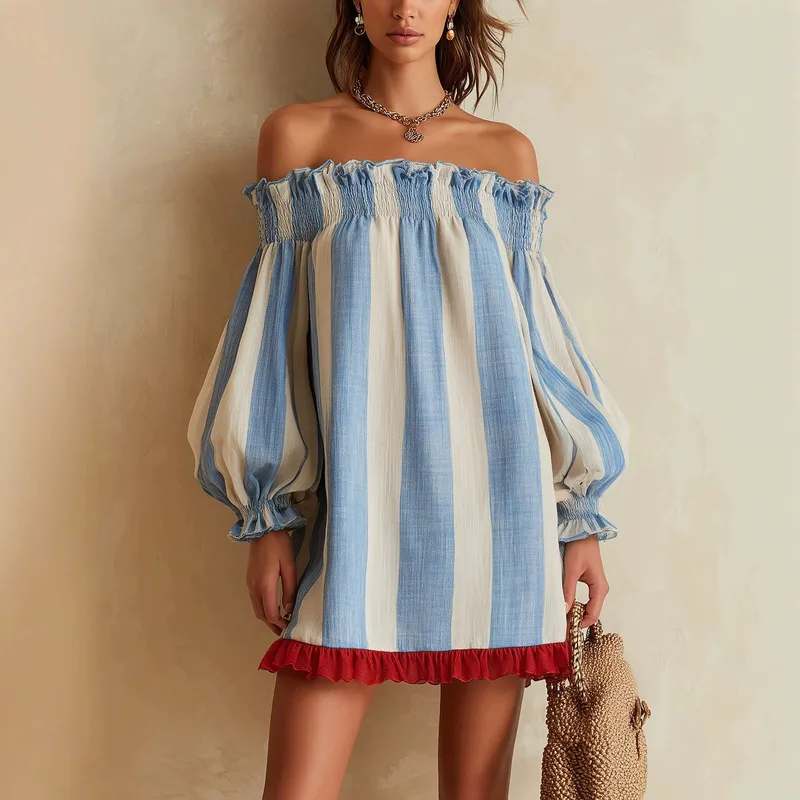 Stripe Off Shoulder Long Sleeve Vacation Dress in Polyester Fabric, Above Knee Length Regular Dress