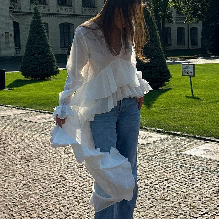 Solid Color Long Sleeve Vacation Shirt for Women in Polyester Fabric Featuring Ruffles and Pullover Design