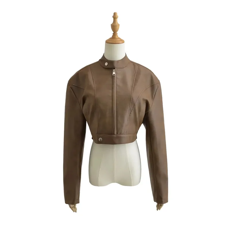 Streetwear Women's Leather Jacket with Zipper Placket and Standing Collar, Washed Polyester Fabric