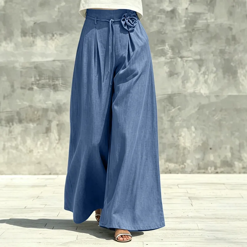 Vacation Wide Leg Pants with Floral Pattern, Full Length Holiday Casual Pants in Polyester Fabric Featuring Elegant Folds