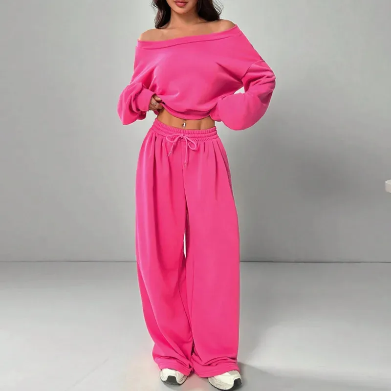 Casual Trousers Sweater Set with Oblique Collar and Long Sleeve, Full Length Pants Co-ord Set in Polyester