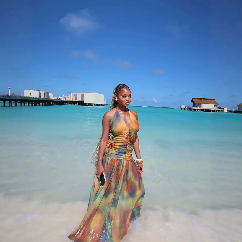 Sleeveless Halter Neck Sundress in Polyester Fabric, Perfect for Beach Vacation Printing