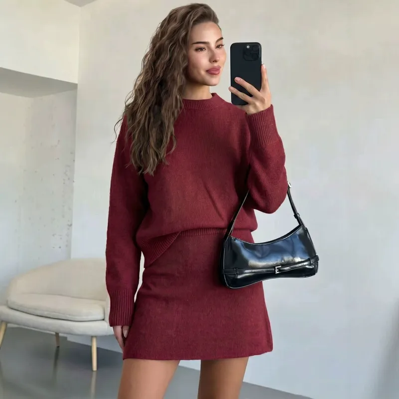 Elegant Solid Color Skirt Co-ord Set in Knitted Acrylic with Long Sleeve, 2 Pieces Set
