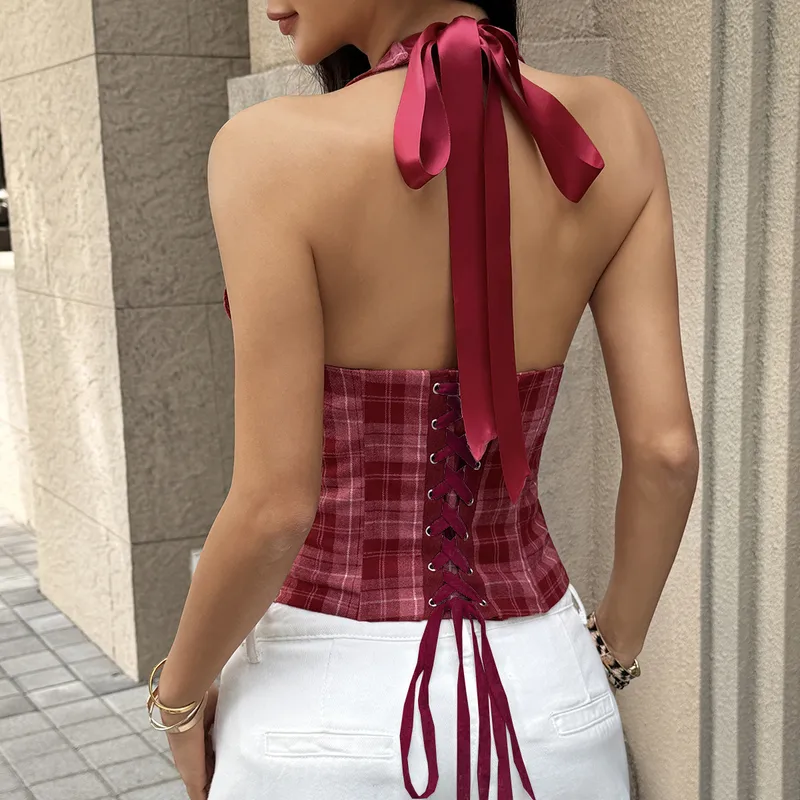 Vintage Style Plaid Polyester Tank Top with V Neck and Tie Closure featuring V-Opening Craftsmanship