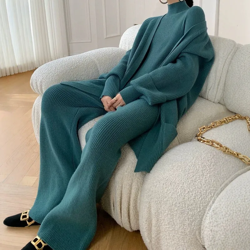 Casual Solid Color Pant Co-ord Set in Acrylic Fabric featuring Patchwork Craft with V Neck and Long Sleeve, 3 Pieces Set