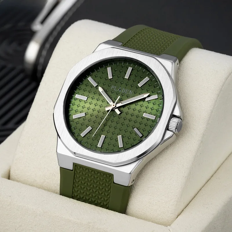 Men's Quartz Watch with Tempered Glass Mirror Featuring Pointer Display and Silica Gel Strap with Pin Buckle