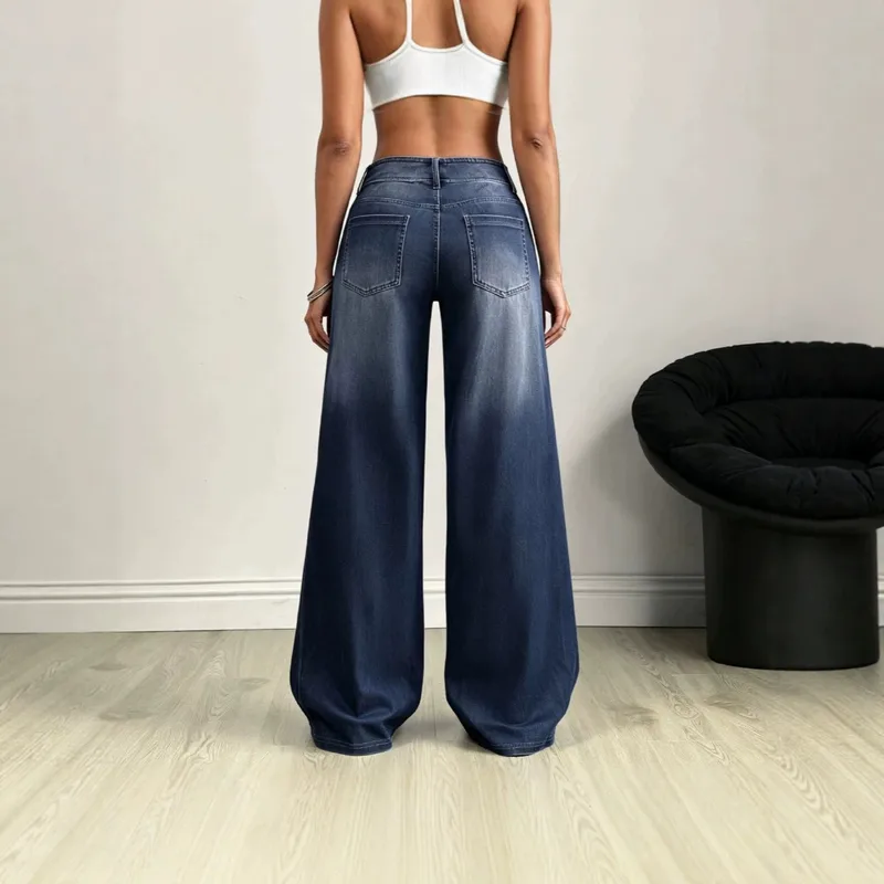Solid Color Wide Leg Full Length Denim Cotton Pants for Streetwear with Patchwork Design