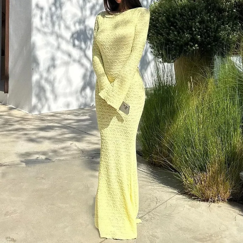 Solid Color Long Sleeve Sheath Dress with Round Neck in Polyester Spandex, Casual Maxi Long Dress