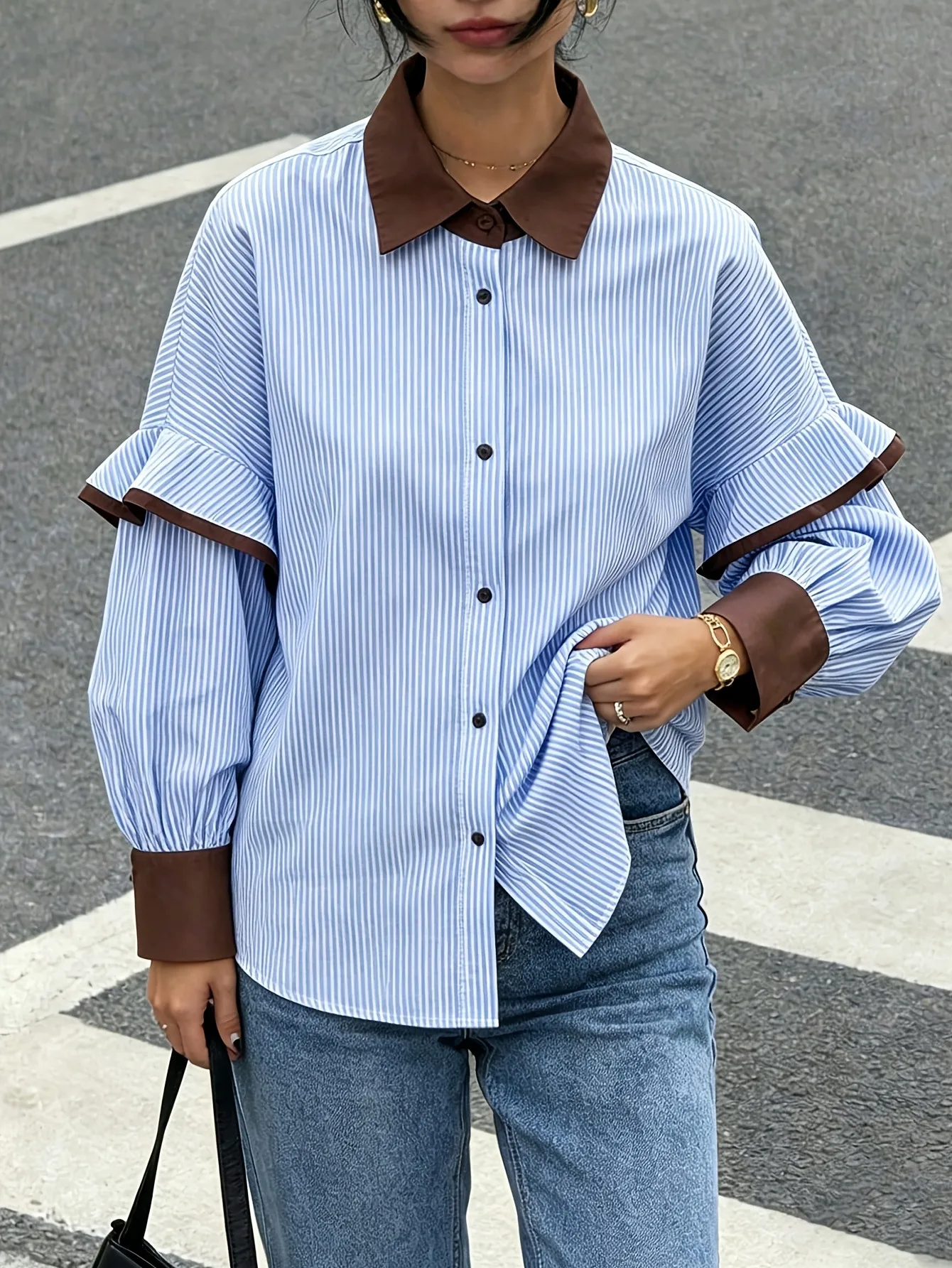 Preppy Style Stripe Long Sleeve Women's Shirt in Loose Fit, Made with Polyester Fabric