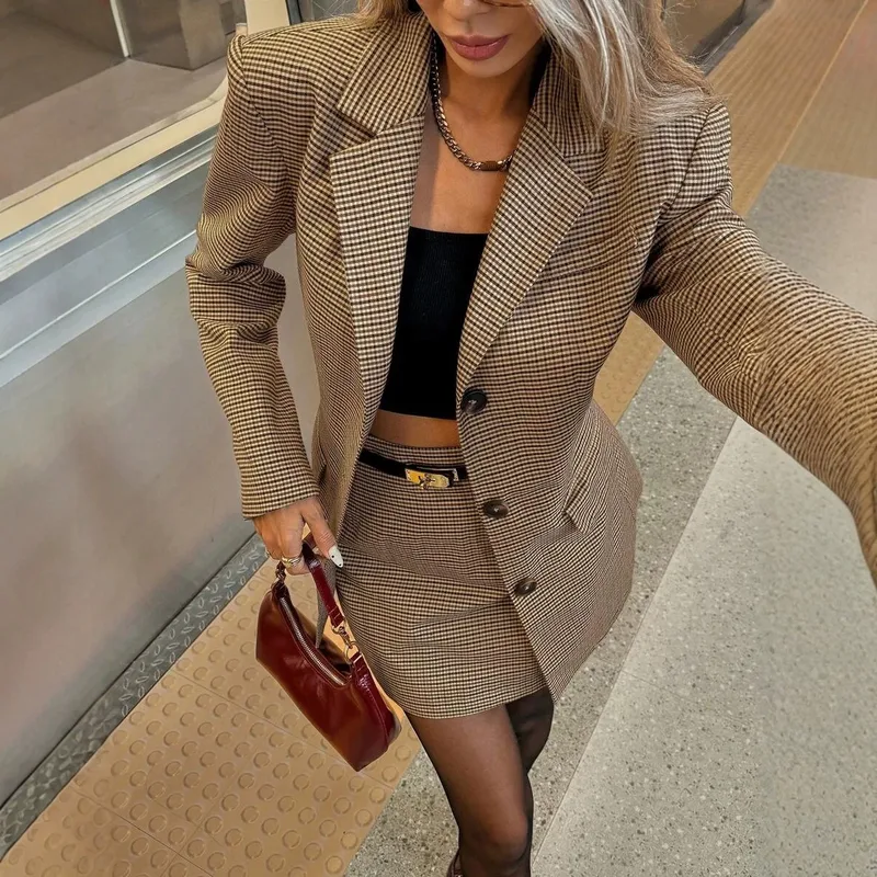 Houndstooth Casual Long Sleeve Polyester Skirt Co-ord Set Featuring Lapel Collar, 2 Pieces Set