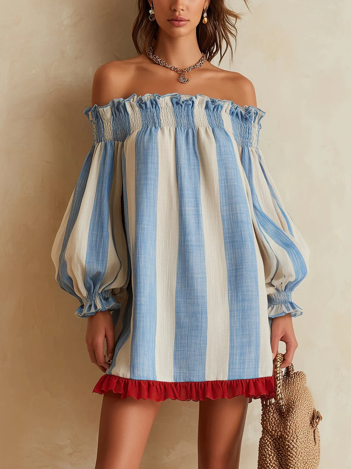Stripe Off Shoulder Long Sleeve Vacation Dress in Polyester Fabric, Above Knee Length Regular Dress