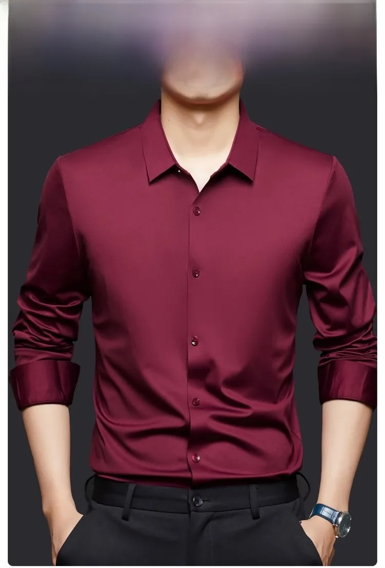 Solid Color Business Long Sleeve Blouse for Men in 4-Way Stretch Fabric, Summer Shirt