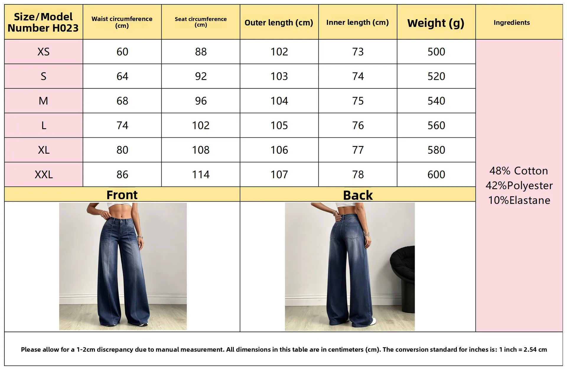 Solid Color Wide Leg Full Length Denim Cotton Pants for Streetwear with Patchwork Design