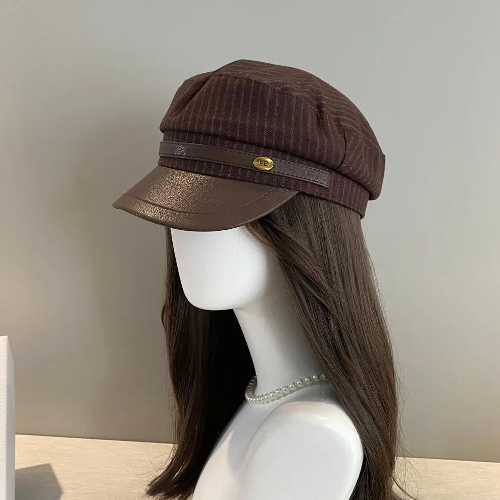 British Style Women’s Stripe Newsboy Cap with Curved Brim, Featuring PU Leather Material and Splicing Craft for UV Protection