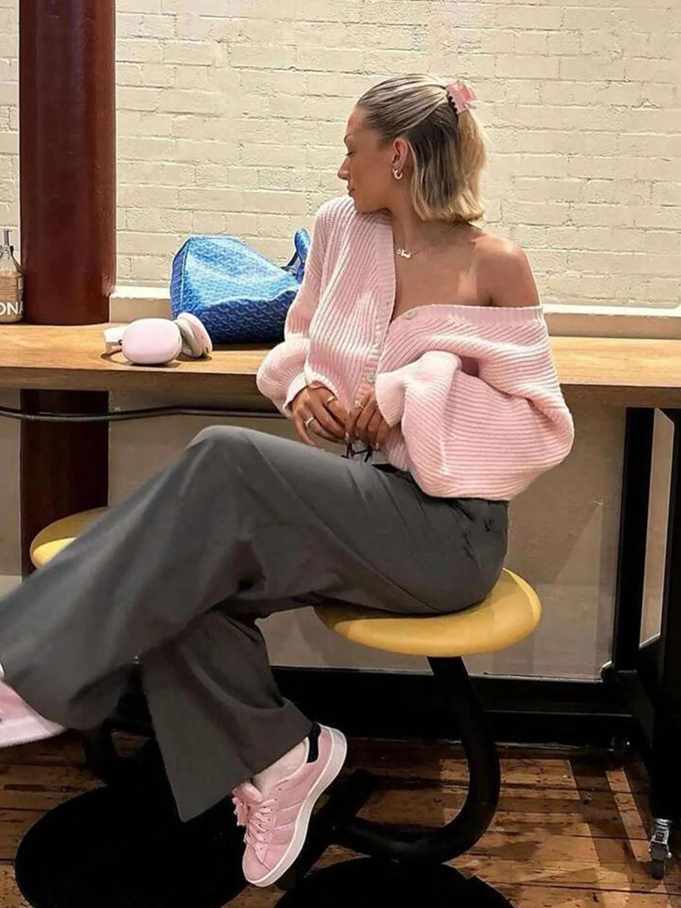 Women's Loose Long Sleeve Puff Sleeve Ribbed Cardigan Sweater