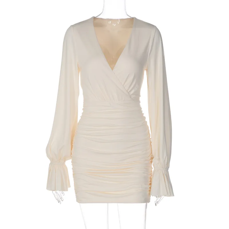Solid Color V Neck Long Sleeve Bodycon Dress with Elastane Fabric in Above Knee Length for Elegant Mature Style