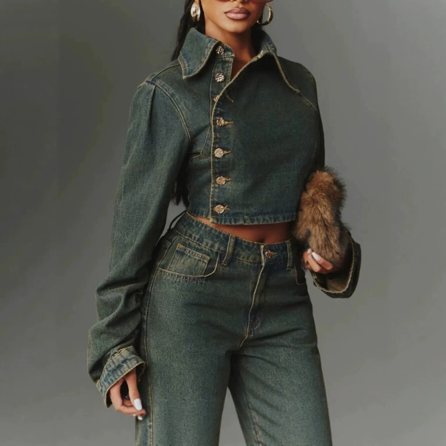 Women's Denim Coat Single Breasted Denim Jacket with Lapel Collar and Long Regular Sleeves