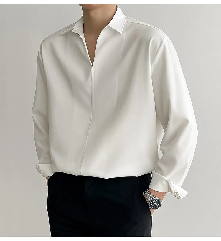 Solid Color Long Sleeve Men's Shirt in 4-Way Stretch Fabric with V Neck Pullover Design for Autumn