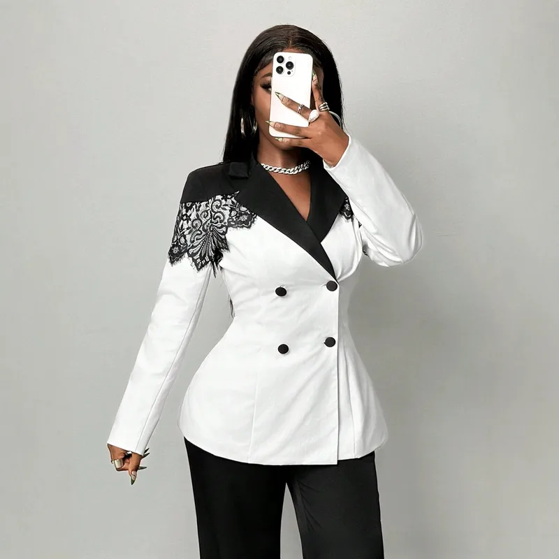 Elegant Solid Color Long Sleeve Polyester Blazer with Lace Craft and Single Breasted Closure